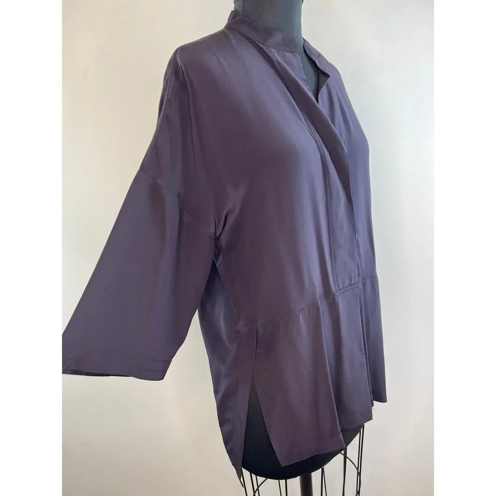 J. Crew Purple 3/4 Sleeve Mandarin Collar Side Split Hem Silk Blouse Size S